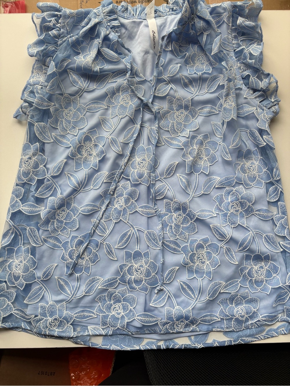 NY Collection Light Blue Floral Lace Ruffled Camisole
